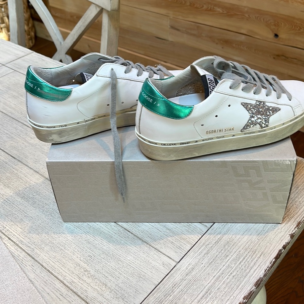 Golden Goose White and Green Sneakers